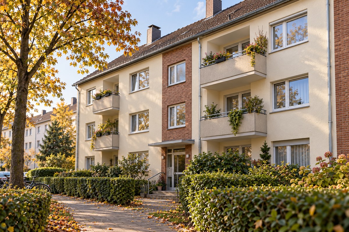 KI-generiertes Symbolbild: Gepflegtes Mehrfamilienhaus mit Balkonen und begrüntem Eingangsbereich