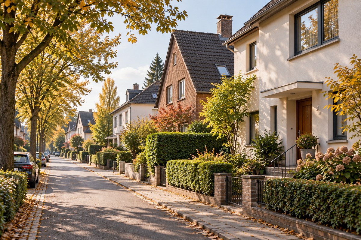 KI-generiertes Symbolbild: Wohnstraße mit Einfamilienhäusern, Vorgärten und herbstlichen Bäumen