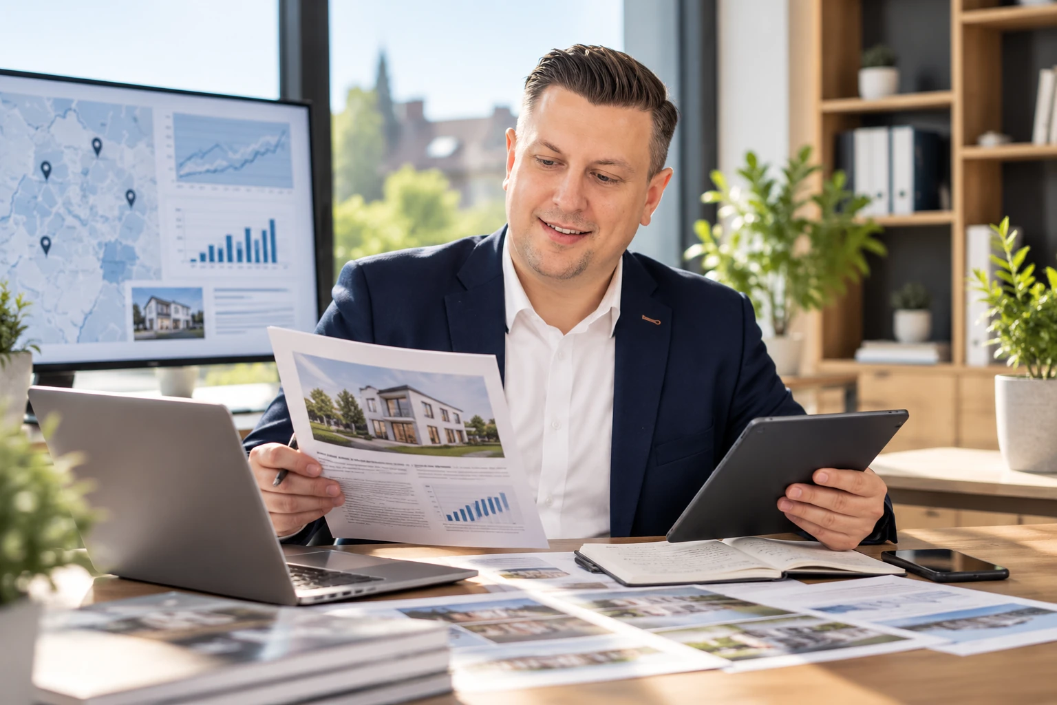 Makler bei der Vorbereitung einer Immobilienpräsentation